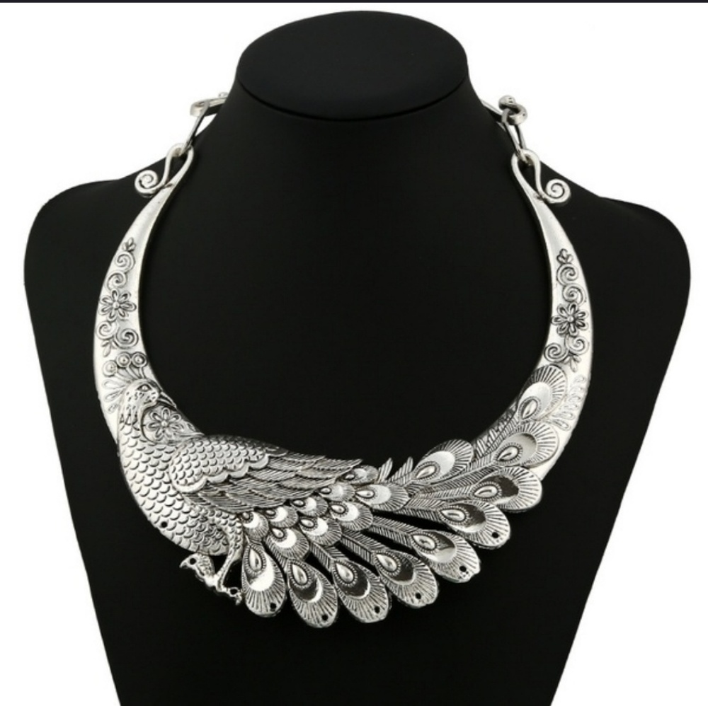 Silver Peacock Bib Necklace